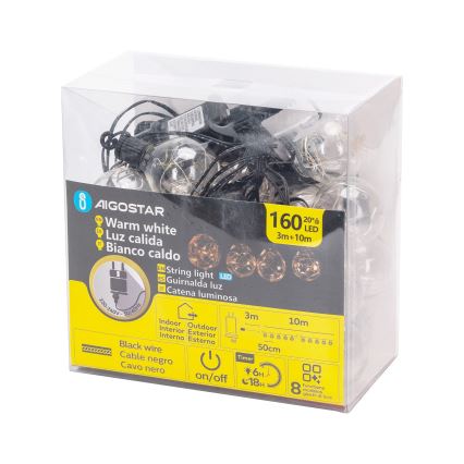 Aigostar - Dekoracyjny łańcuch świetlny LED do użytku zewnętrznego, 160 diod LED, 10 m, IP44, ciepła biel