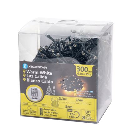 Aigostar-LED Zewnętrzny łańcuch świetlny 300xLED/8 funkcji 3xAA 15,3m IP44 ciepła biała