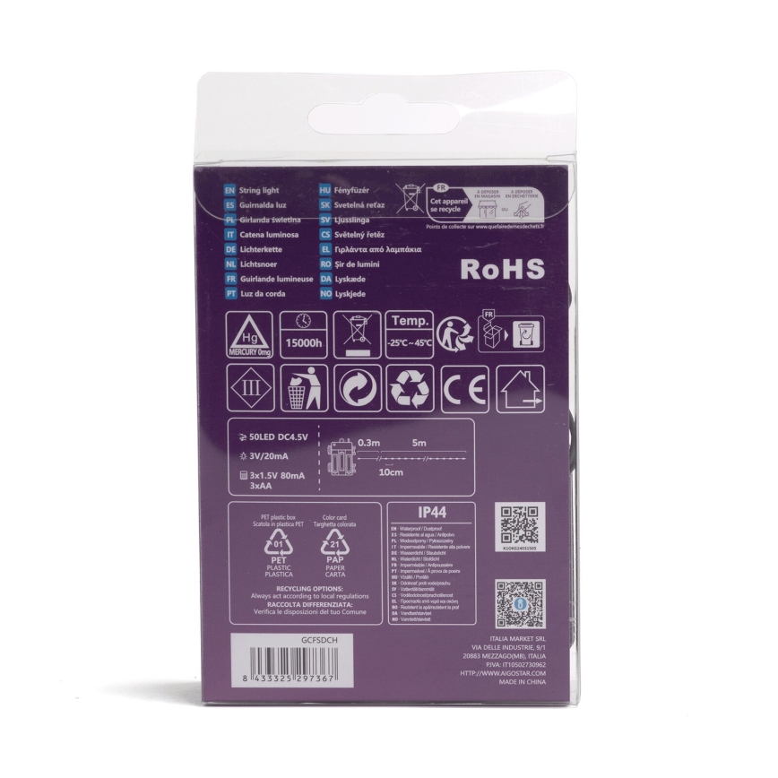 Aigostar - LED zewnętrzny łańcuch świetlny 50xLED/8 funkcji 3xAA 5,3 m IP44 wielokolorowy