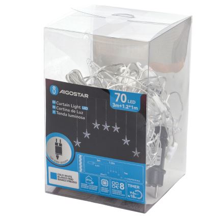 Aigostar - Zewnętrzny łańcuch świetlny LED 70xLED 1,2x1m IP44 zimna biel gwiazdki
