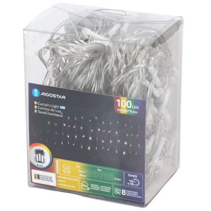 Aigostar-LED Zewnętrzny łańcuch świetlny bożonarodzeniowy 100xLED/8 funkcji 3xAA 8x0,4m IP44 wielokolorowy