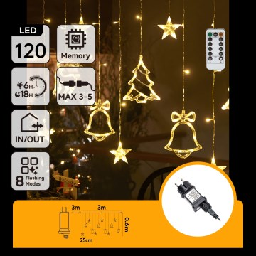 Aigostar - LED Zewnętrzny świąteczny łańcuch 120xLED/8 funkcji 3x0,6m IP44 ciepła biała + pilot zdalnego sterowania