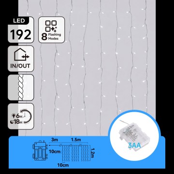 Aigostar - LED Zewnętrzny świąteczny łańcuch 192xLED/8 funkcji 3xAA 4,5x1,2m IP44 zimne białe światło