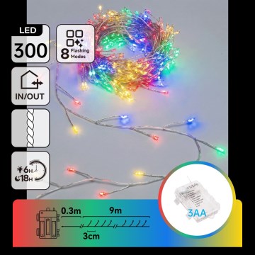 Aigostar - LED zewnętrzny świąteczny łańcuch 300xLED/8 funkcji 3xAA 9,3m IP44 wielokolorowy