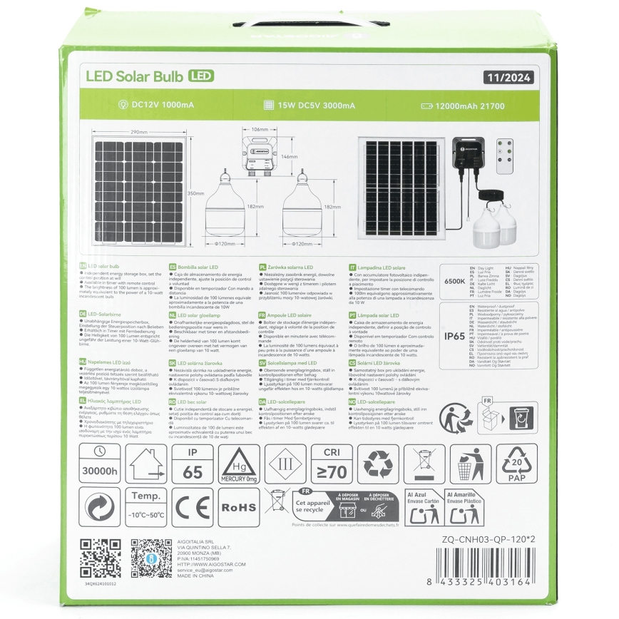 Aigostar - LED Żyrandol solarny 2xLED/70W/12V 12000 mAh 6500K śr. 12 cm + pilot zdalnego sterowania