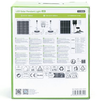 Aigostar - LED Żyrandol solarny 2xLED/70W/12V 12000 mAh 6500K śr. 23,5 cm + pilot zdalnego sterowania