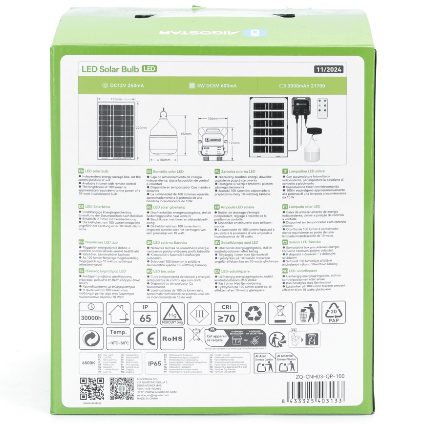 Aigostar - LED Żyrandol solarny LED/35W/12V 3000 mAh 6500K śr. 10 cm + pilot zdalnego sterowania