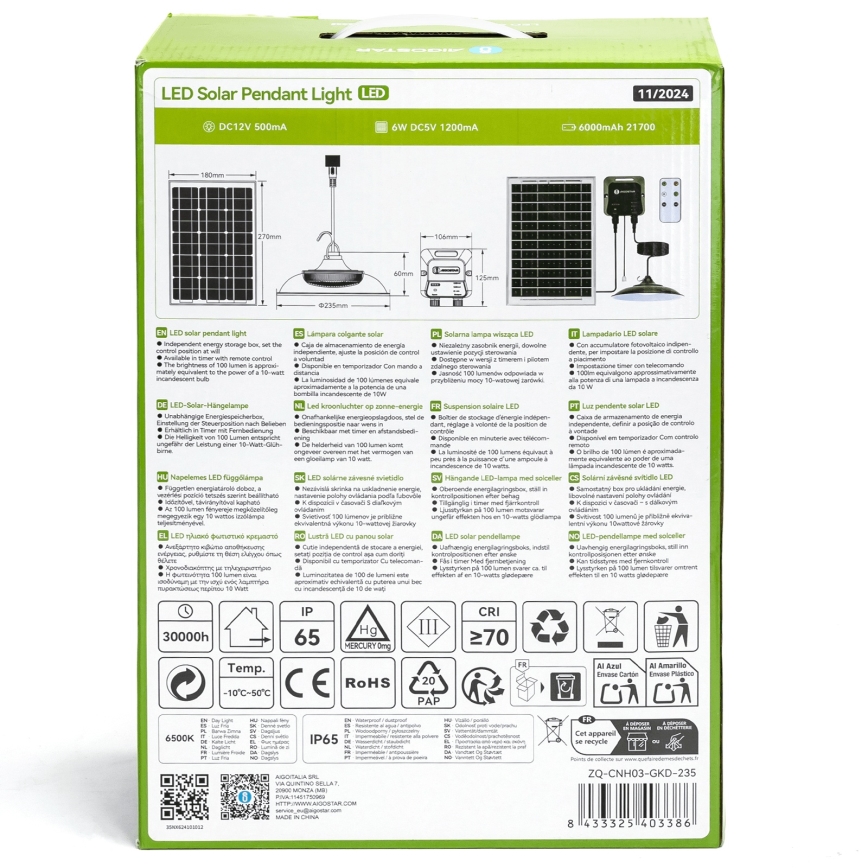 Aigostar - LED Żyrandol solarny LED/70W/12V 6000 mAh 6500K śr. 23,5 cm + pilot zdalnego sterowania