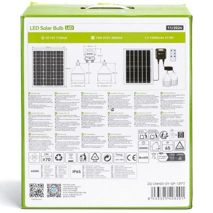 Aigostar - LED Żyrandol solarny z czujnikiem 2xLED/70W/12V 12000 mAh 6500K śr. 12 cm + pilot zdalnego sterowania