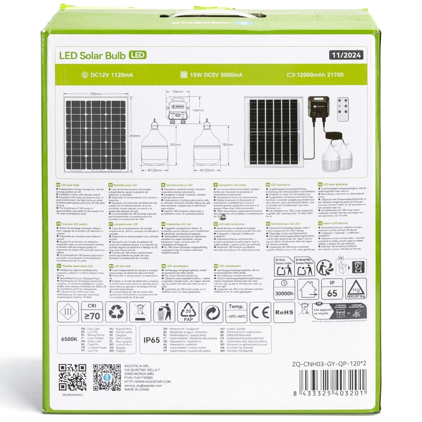Aigostar - LED Żyrandol solarny z czujnikiem 2xLED/70W/12V 12000 mAh 6500K śr. 12 cm + pilot zdalnego sterowania
