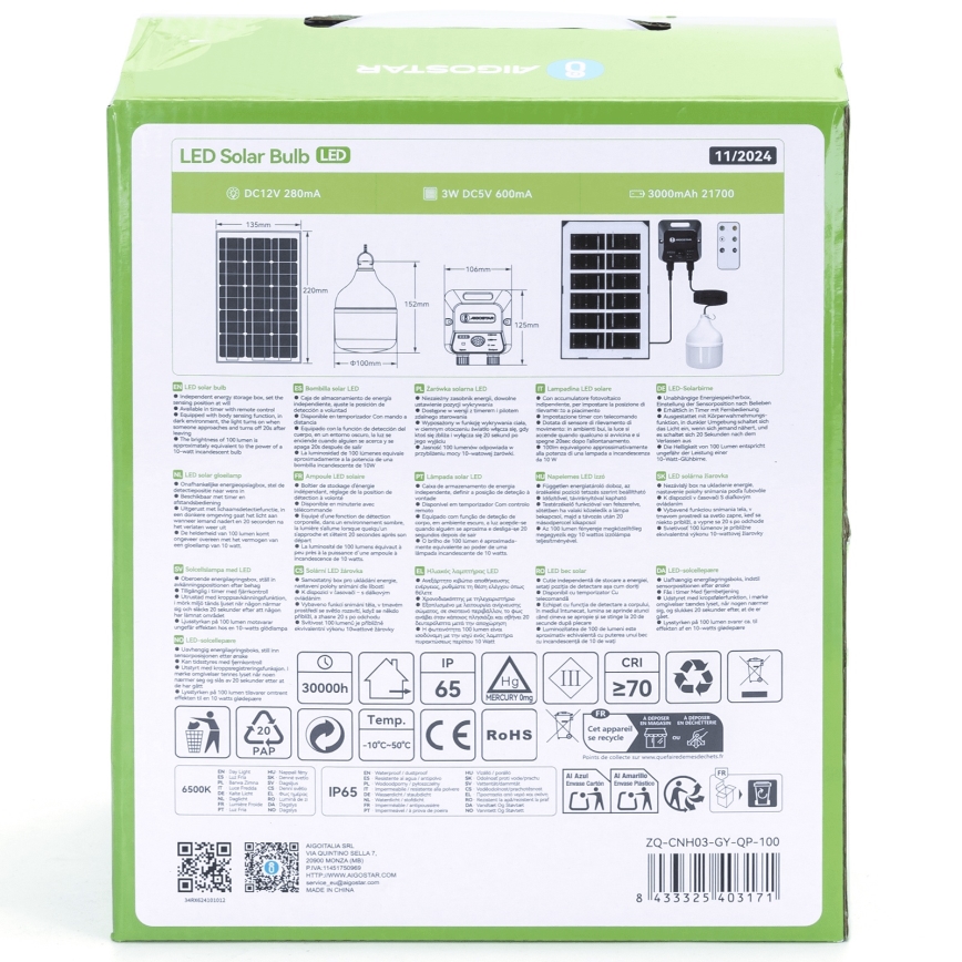 Aigostar - LED Żyrandol solarny z czujnikiem LED/35W/12V 3000 mAh 6500K śr. 10 cm + pilot zdalnego sterowania