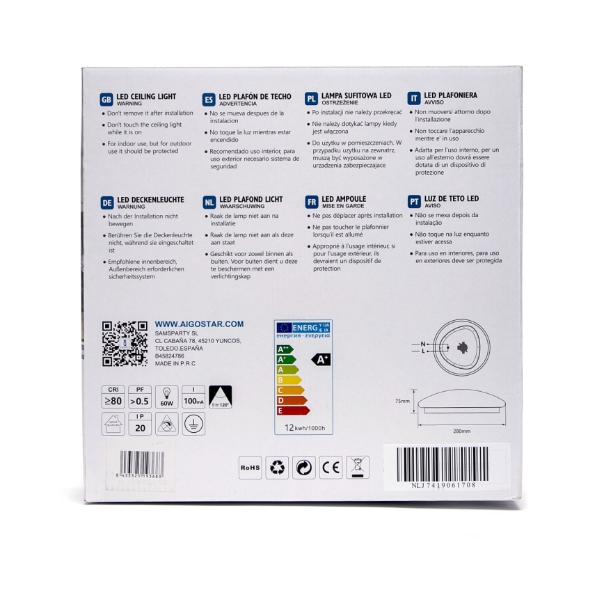 Aigostar - Oprawa sufitowa LED z czujnikiem LED/12W/230V 3000K śr. 28 cm