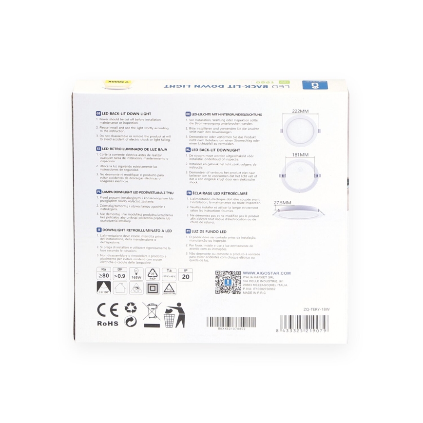 Aigostar - Oprawa wpuszczana LED 18W/230V, 3000K, Ø 22,2 cm, biała