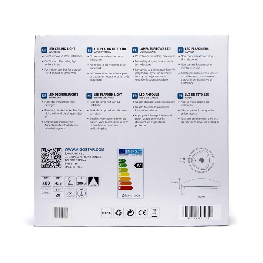 Aigostar - Plafon LED z czujnikiem /24W/230V 3000K