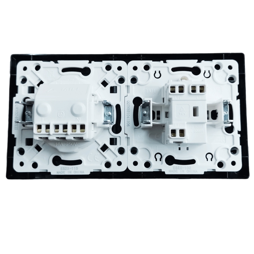 Aigostar - Podwójny łącznik nr 5 i gniazdo SCHUKO 230V z ramką, czarny