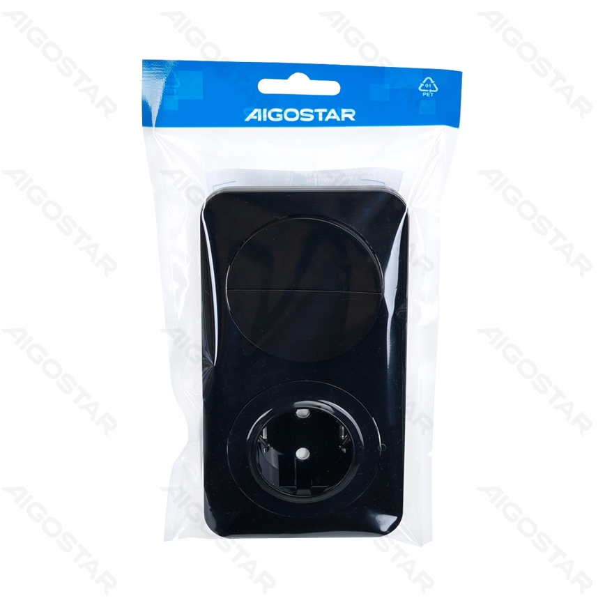 Aigostar - podwójny wyłącznik nr 5 i gniazdo SCHUKO 230 V z czarną ramką