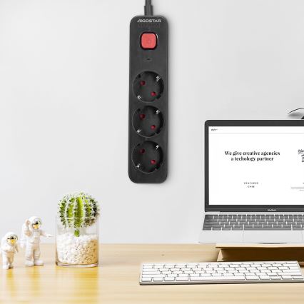 Aigostar - Przedłużacz z wyłącznikiem 3 gniazda Typ F 1,5m SCHUKO czarny