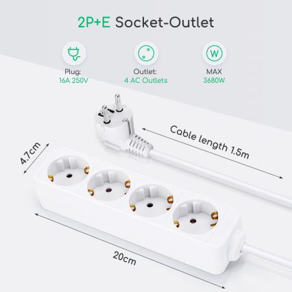 Aigostar - Przedłużacz 4Z Typ F 1,5m biały SCHUKO
