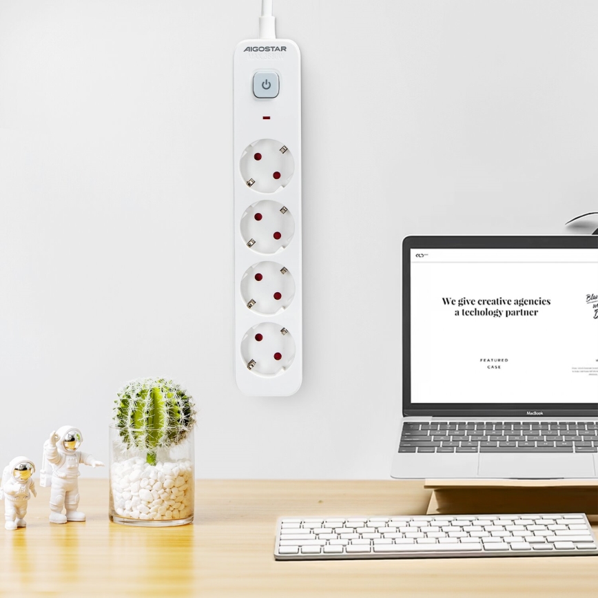 Aigostar - Przedłużacz z wyłącznikiem 4Z Typ F 1,5m biały