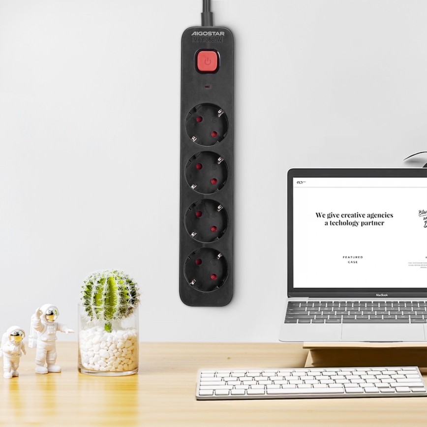 Aigostar - Przedłużacz z wyłącznikiem 4Z Typ F 1,5m czarny