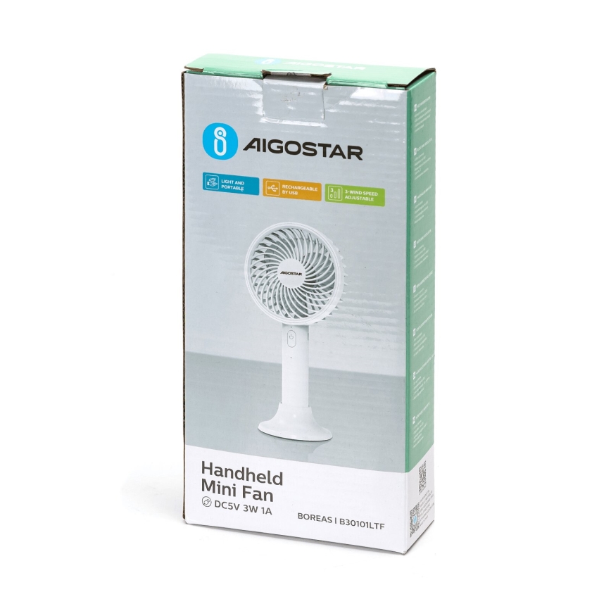 Aigostar - Przenośny wentylator ładowany 3W/5V 1500mAh USB biały
