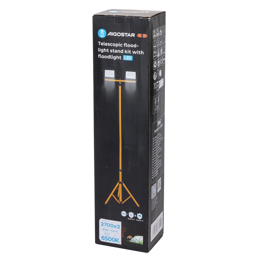 Aigostar - Reflektor LED ze statywem 2xLED/30W/230V 6500K IP65 pomarańczowy/czarny