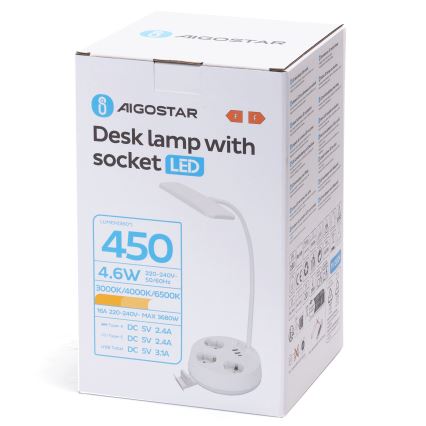 Aigostar - LED ściemnialna lampka biurkowa z gniazdkami i USB LED/4,6W/230V 3000/4000/6500K biała