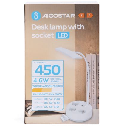 Aigostar - LED ściemnialna lampka biurkowa z gniazdkami i USB LED/4,6W/230V 3000/4000/6500K biała