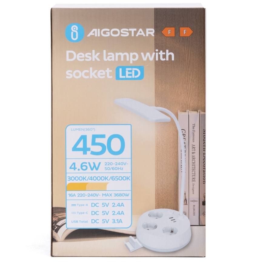 Aigostar - LED ściemnialna lampka biurkowa z gniazdkami i USB LED/4,6W/230V 3000/4000/6500K biała