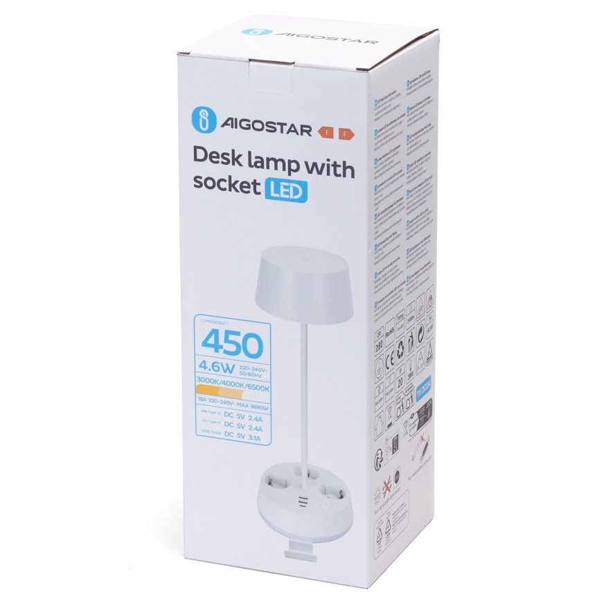 Aigostar - ściemniana lampa biurkowa LED z gniazdami i portem USB LED/4,6W/230V 3000/4000/6500K biała