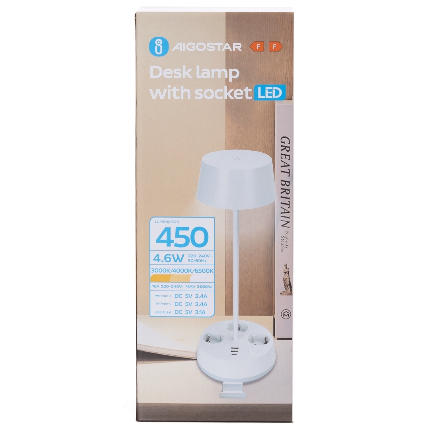 Aigostar - ściemniana lampa biurkowa LED z gniazdami i portem USB LED/4,6W/230V 3000/4000/6500K biała