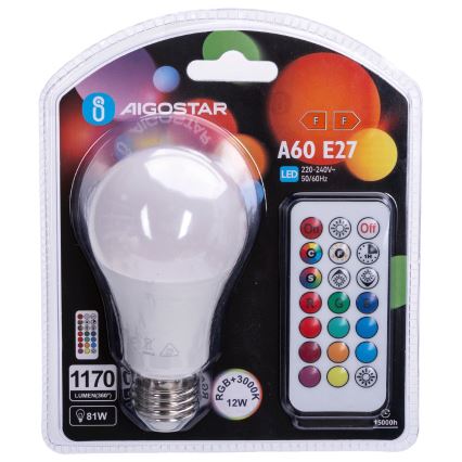 Aigostar - ściemnialna żarówka LED RGBW E27/12W/230V 3000K + pilot zdalnego sterowania