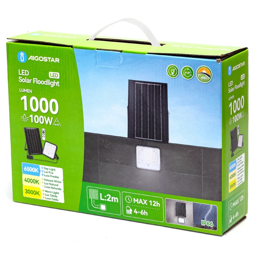 Aigostar - ściemnialny naświetlacz solarny LED/100W/3,4V 3000/4000/6500K IP66 8000 mAh + pilot zdalnego sterowania