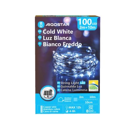 Aigostar - Solarny łańcuch bożonarodzeniowy LED 100xLED/8 funkcji 12m IP65 800 mAh zimna biel