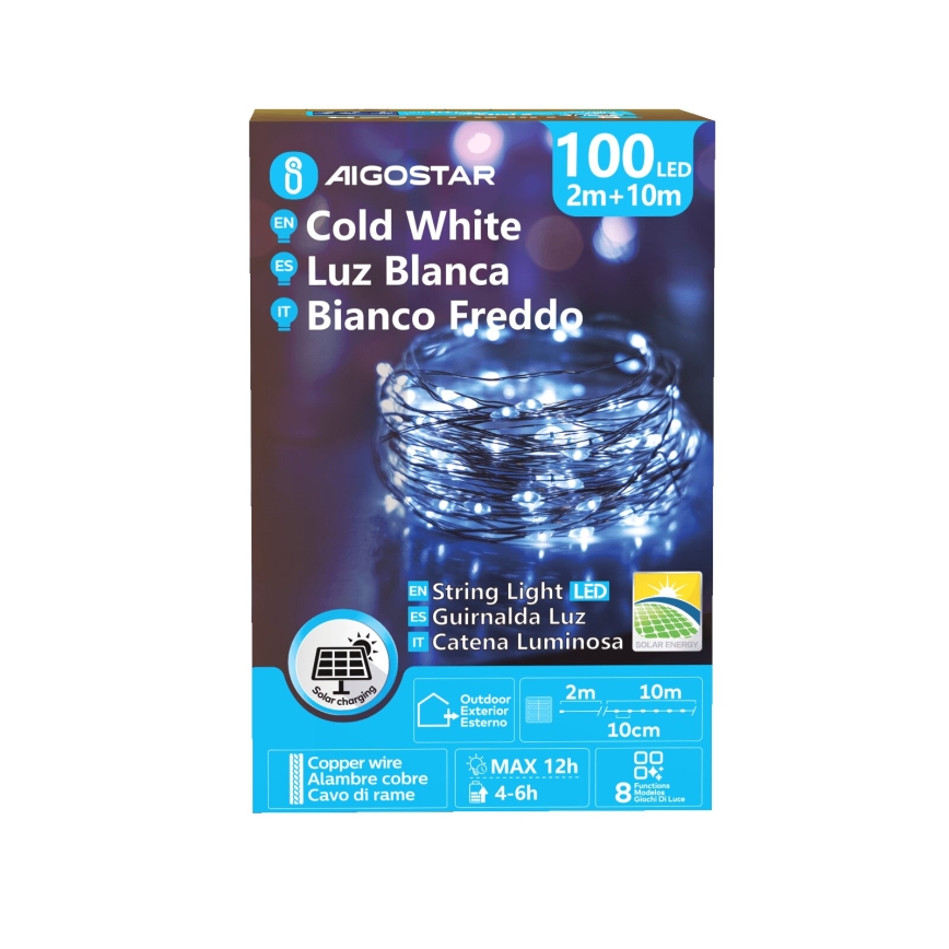 Aigostar - Solarny łańcuch bożonarodzeniowy LED 100xLED/8 funkcji 12m IP65 800 mAh zimna biel