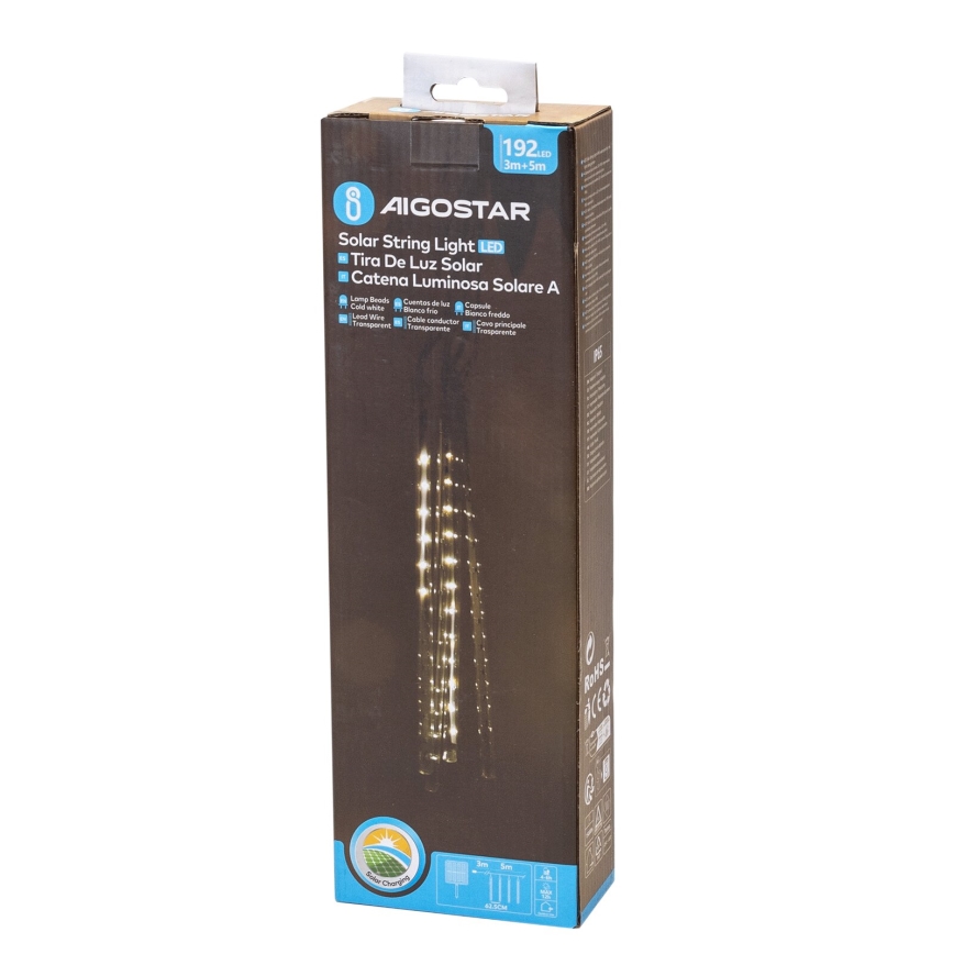 Aigostar - Solarny łańcuch bożonarodzeniowy LED 192xLED/8m IP65 1200 mAh zimna biel