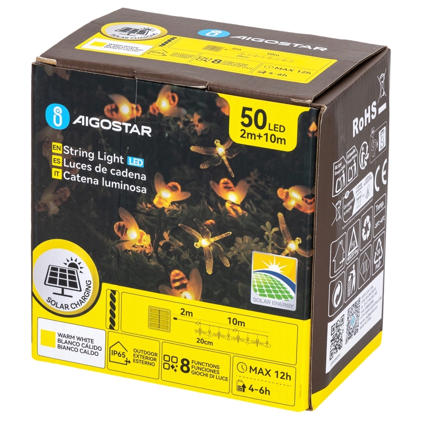Aigostar - Solarny łańcuch dekoracyjny LED 50xLED/8 trybów 10 m 800 mAh IP65 ciepła biała