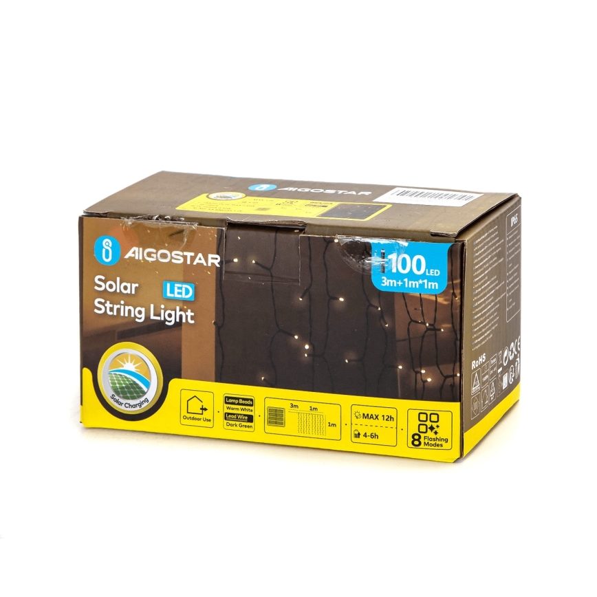 Aigostar - Solarny łańcuch LED, 100 diod LED / 8 trybów, 4 x 1 m, IP65, ciepłe białe światło, 800 mAh
