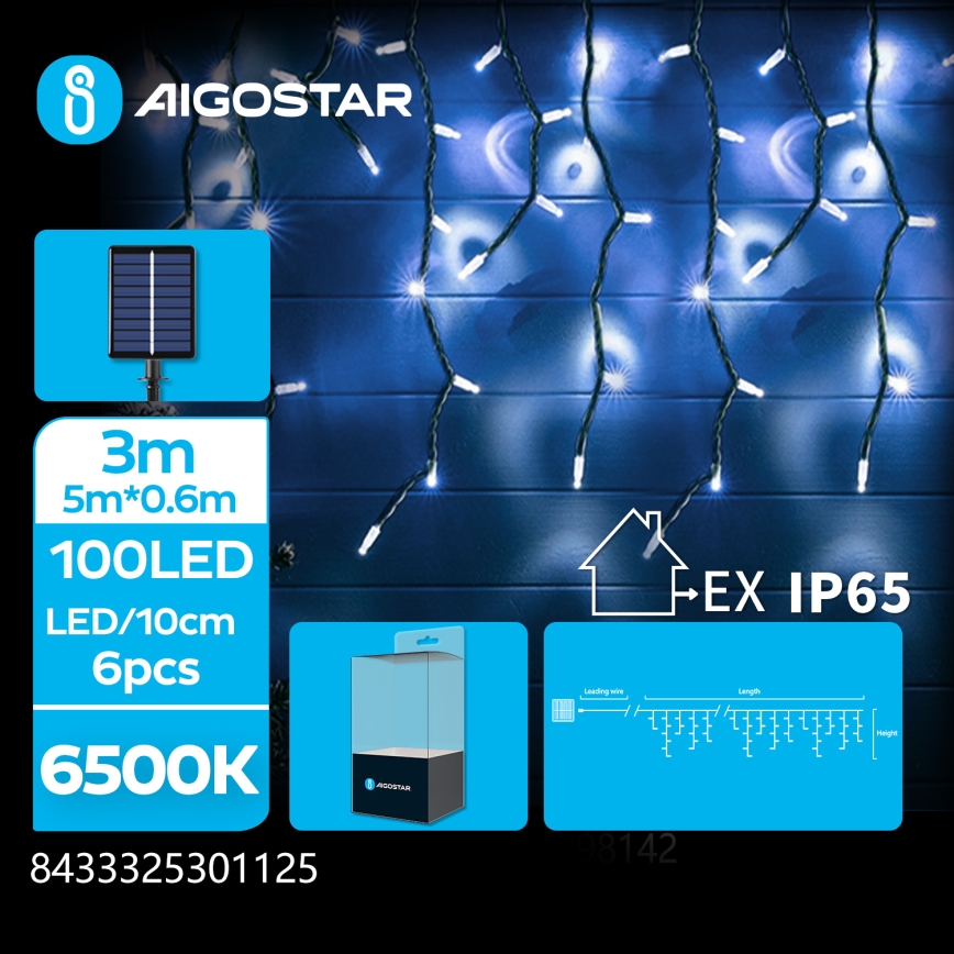 Aigostar - Solarny łańcuch LED, 100 diod LED / 8 funkcji, 8 x 0,6 m, 500 mAh, IP65, zimna biel