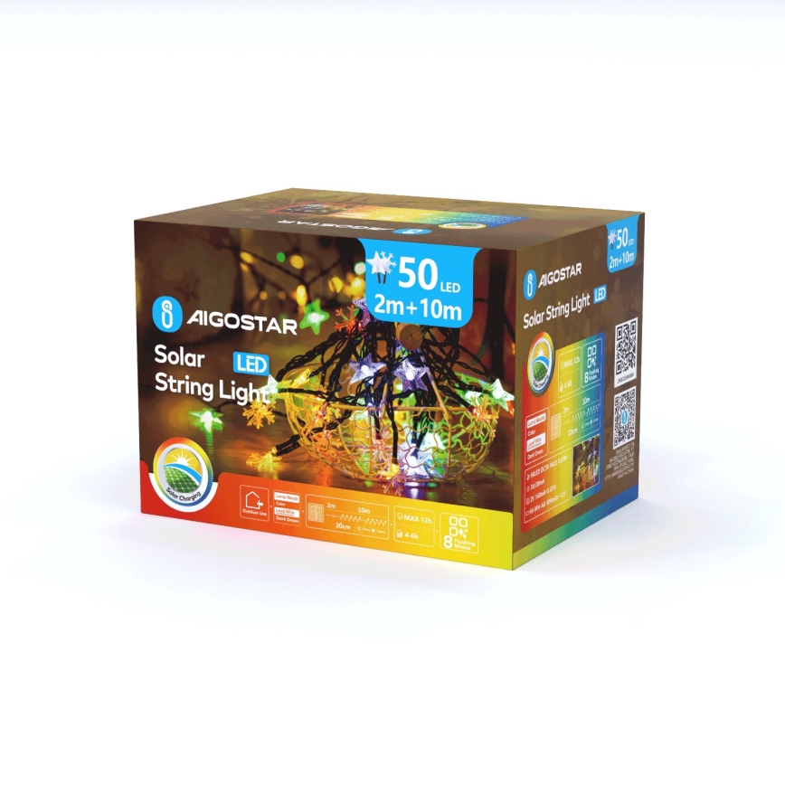 Aigostar - Solarny łańcuch 50 diod LED/8 funkcji 800 mAh 12 m IP65 wielokolorowy