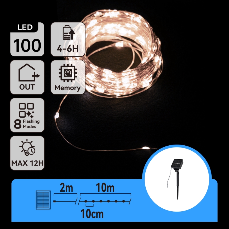 Aigostar - Solarny łańcuch świetlny 100 diod LED / 8 trybów, 12 m, IP65, 800 mAh, zimna biel