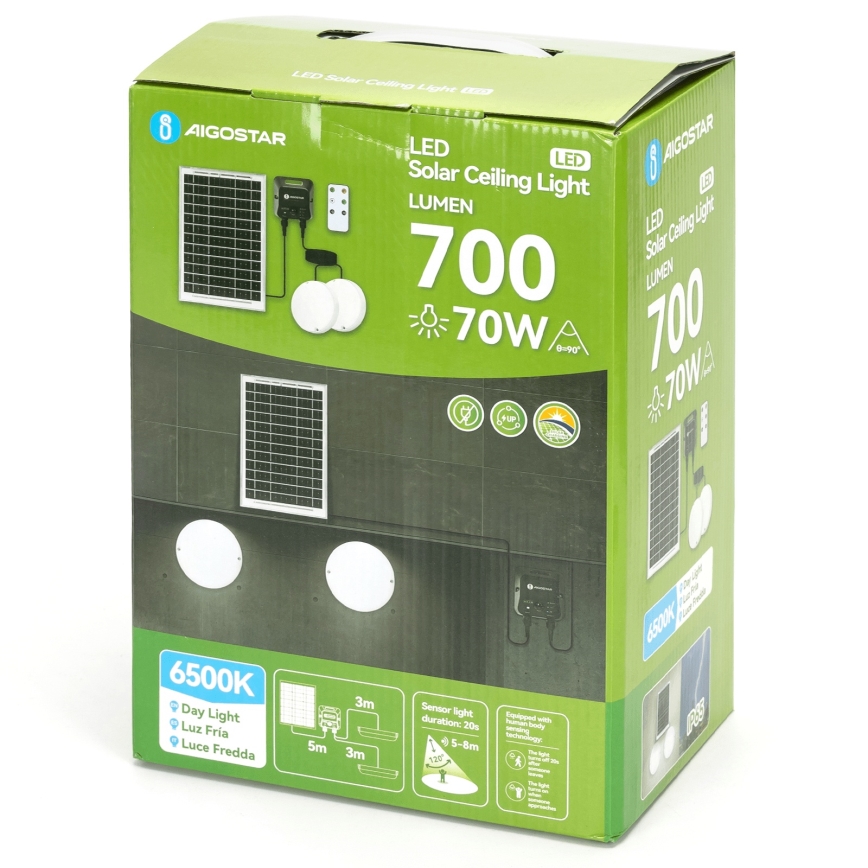 Aigostar - Solarna oprawa sufitowa LED z czujnikiem 2xLED/35W/3,7V 6000 mAh IP65 + pilot zdalnego sterowania