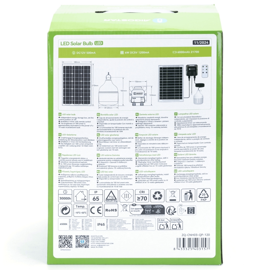 Aigostar - Solarny żyrandol LED/70W/12V 6000 mAh 6500K IP65 śr. 12 cm + zdalne sterowanie