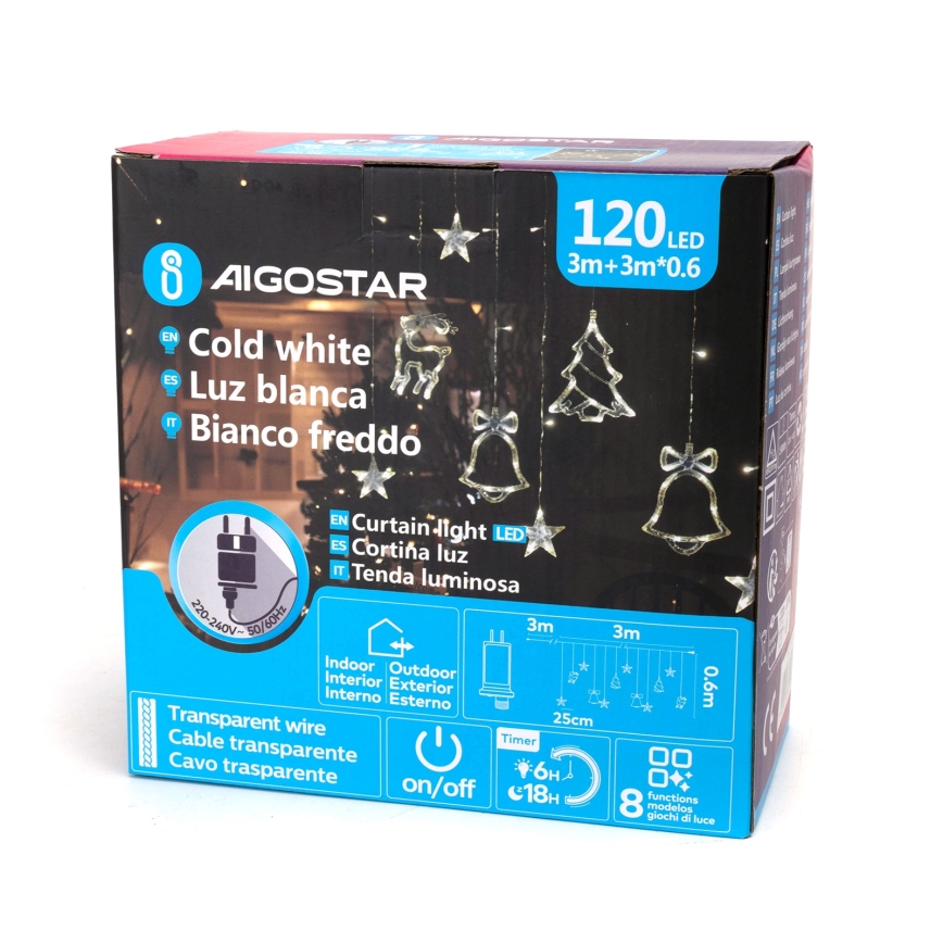 Aigostar - Zewnętrzny łańcuch świąteczny LED 120 diod / 8 funkcji, 3×0,6 m, IP44, zimna biel + pilot zdalnego sterowania