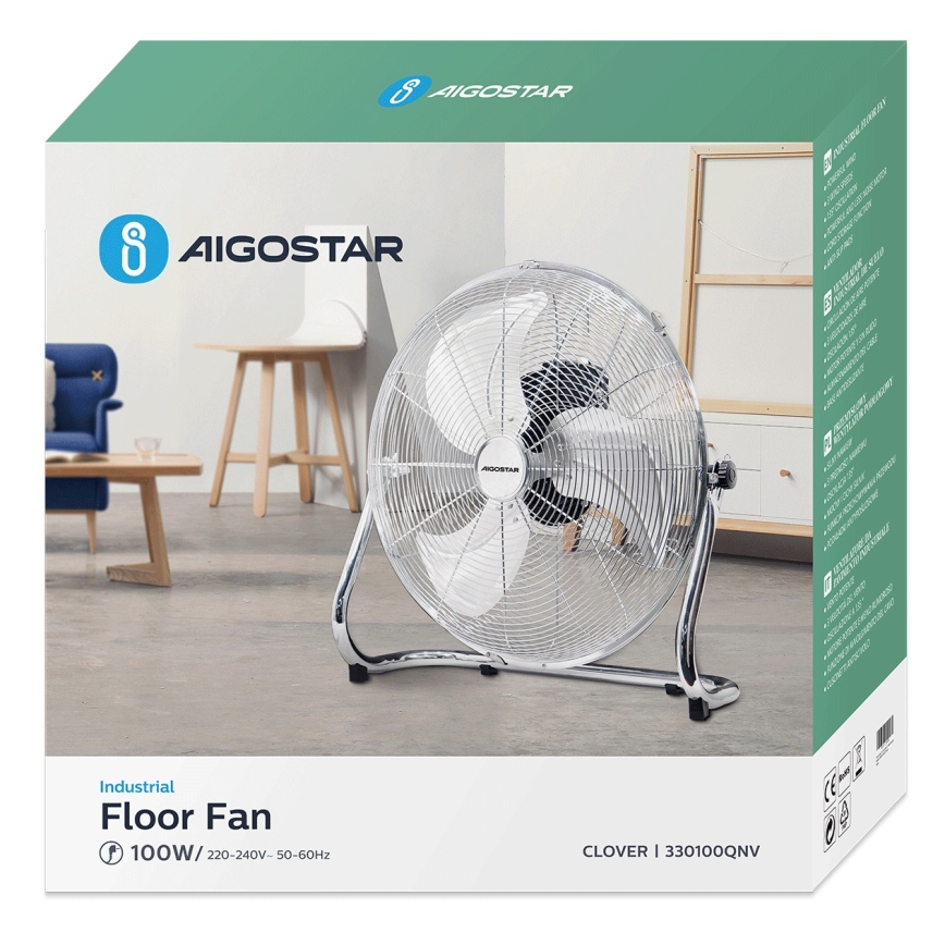 Aigostar - Wentylator podłogowy 100W/230V chrom błyszczący