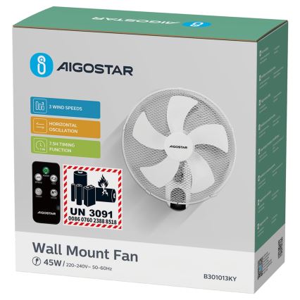 Aigostar -  Wentylator ścienny 45W/230V biały + pilot zdalnego sterowania