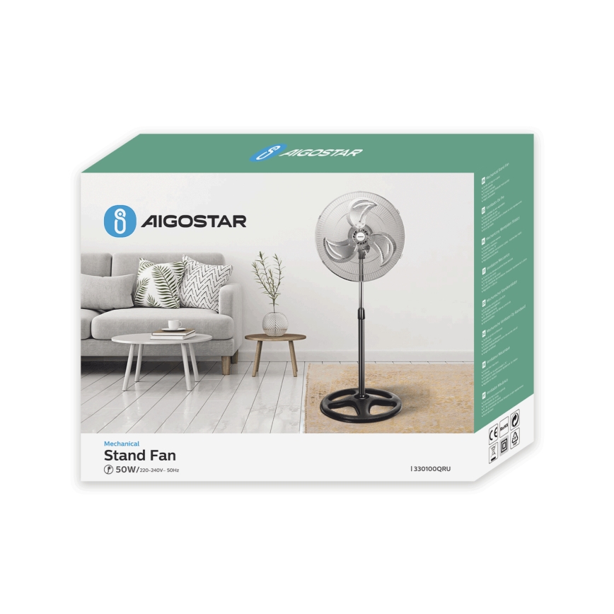 Aigostar - Wentylator stojący 50 W/230 V śr. 50 cm chrom/czarny