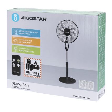 Aigostar - Wentylator stojący 55W/230V 130 cm czarny + pilot zdalnego sterowania