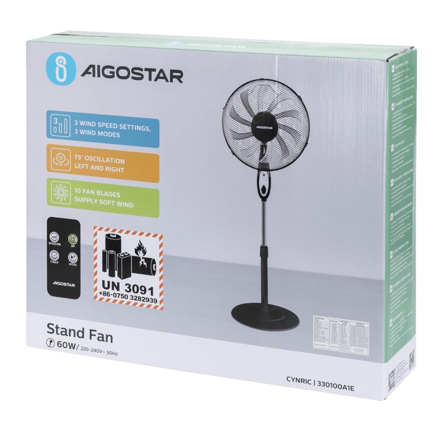 Aigostar - Wentylator stojący 55W/230V 130 cm czarny + pilot zdalnego sterowania