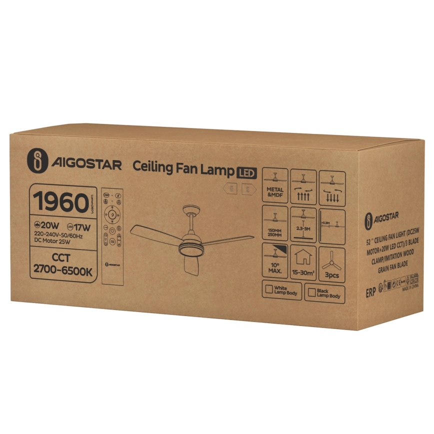 Aigostar - LED sufitowy wentylator z regulacją jasności LED/20W/230V 2700-6500K 132 cm brązowy + pilot zdalnego sterowania